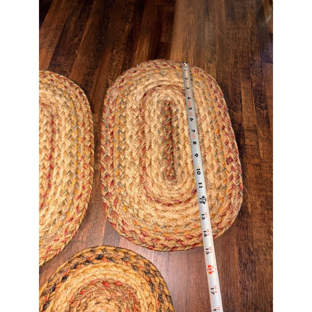 3pc Braided Jute Placemat Trivet Set Farmhouse Multi Color Oval Round Rustic